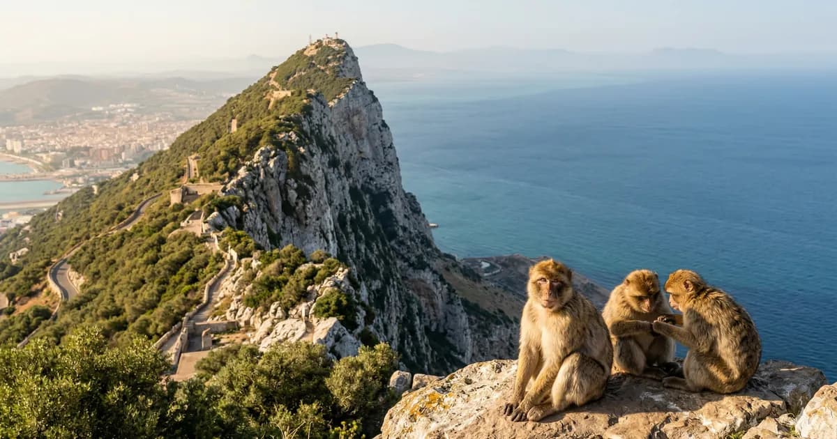 Skała Gibraltarska z makakami na pierwszym planie i Cieśniną Gibraltarską oraz wybrzeżem Maroka w tle