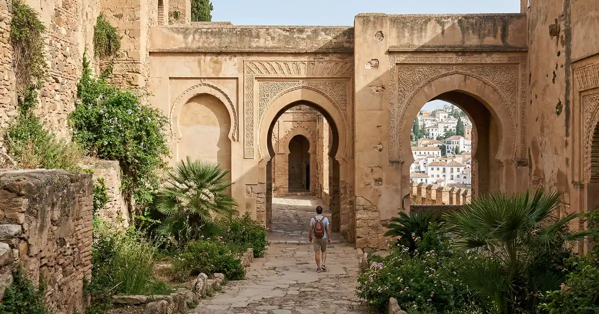 Alcazaba Moorish fortress walls and gardens in Malaga old town on a sunny day