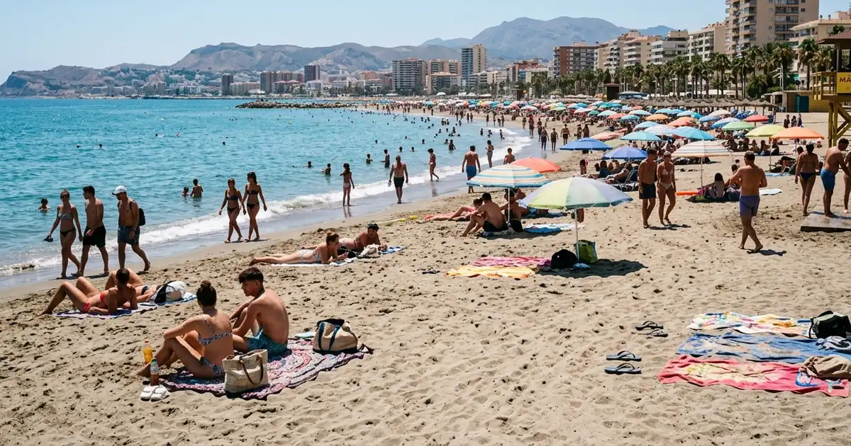La Malagueta beach in Malaga on a sunny summer day with turquoise sea