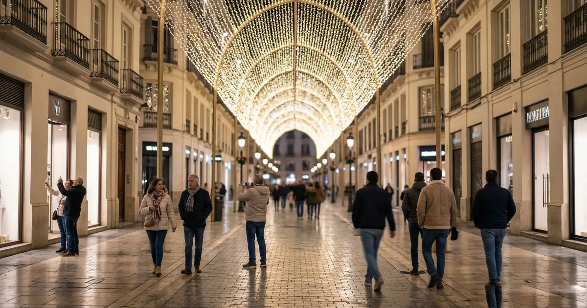 Calle Larios Malaga decorated with Christmas lights at night in winter