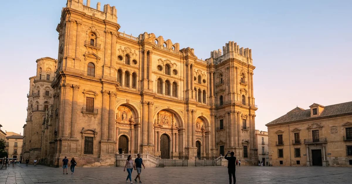 Malaga Cathedral La Manquita facade at golden hour with warm light on ochre stone