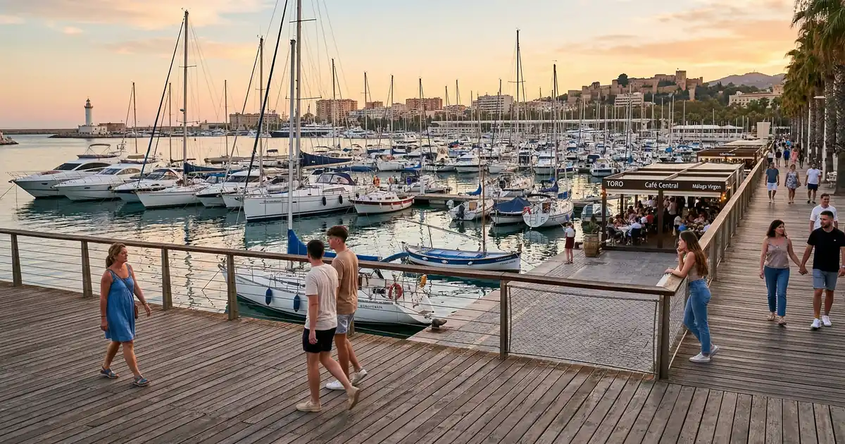 Malaga Muelle Uno port promenade at sunset with yachts and city skyline