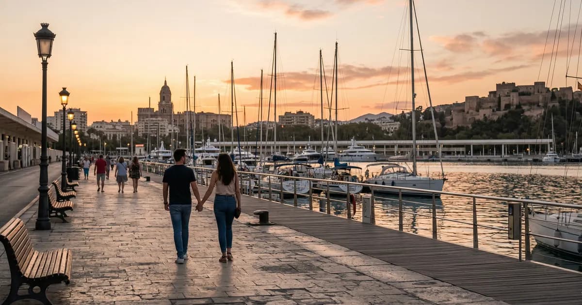 Romantic sunset view over Malaga port and Muelle Uno from the seafront promenade