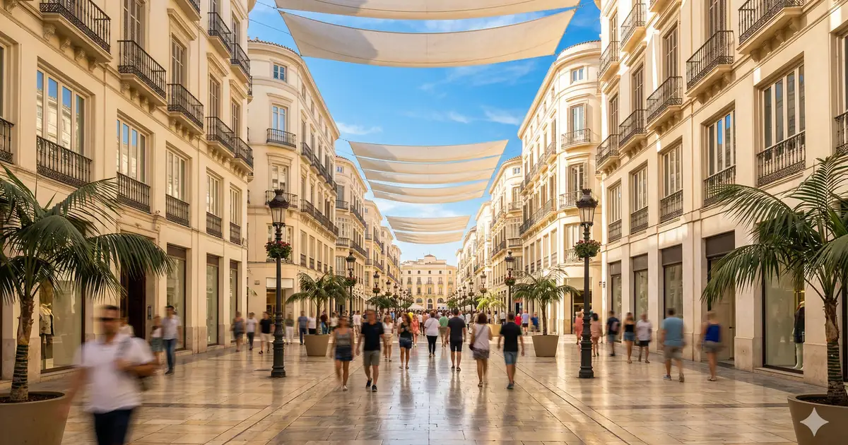 A bustling, sunlit view of Calle Larios, Malaga's elegant pedestrian street, featuring 19th-century architecture, marble paving, and vibrant local city life on a clear Andalusian day.