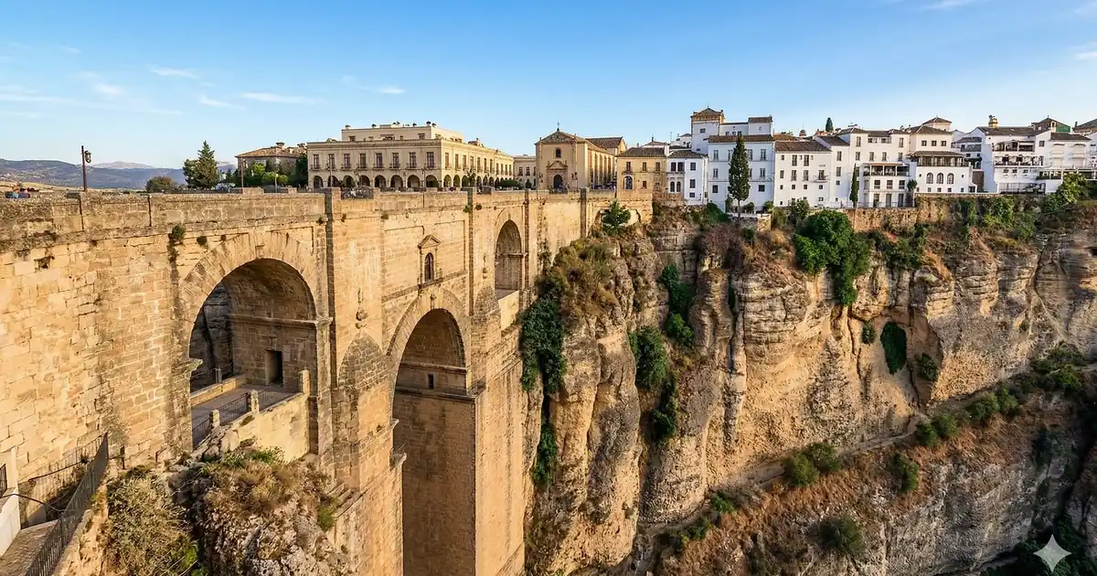 Most Puente Nuevo w Rondzie zawieszony nad 120-metrowym wąwozem El Tajo z widokiem na andaluzyjski krajobraz