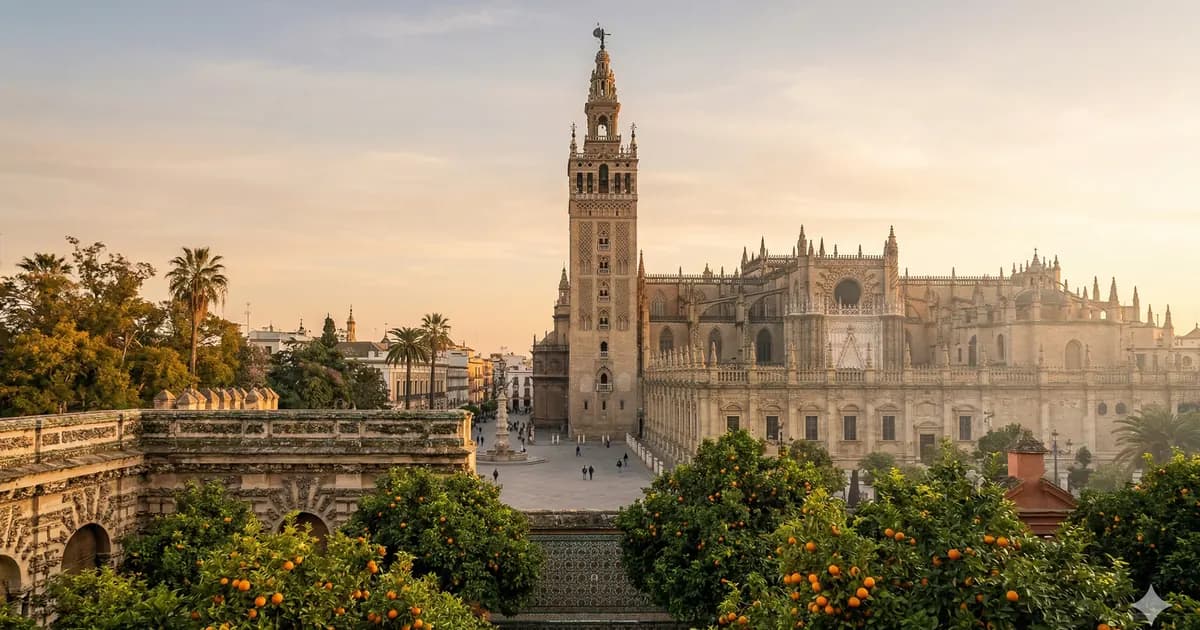 Wieża Giralda i Katedra w Sewilli widziane z placu przy Alcazarze o zachodzie słońca
