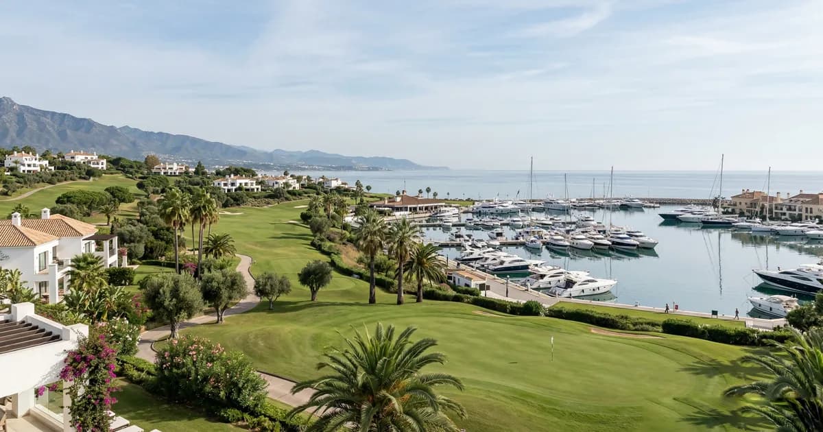 Luxury yachts in Sotogrande marina contrasted with a peaceful golf course in Marbella, Costa del Sol