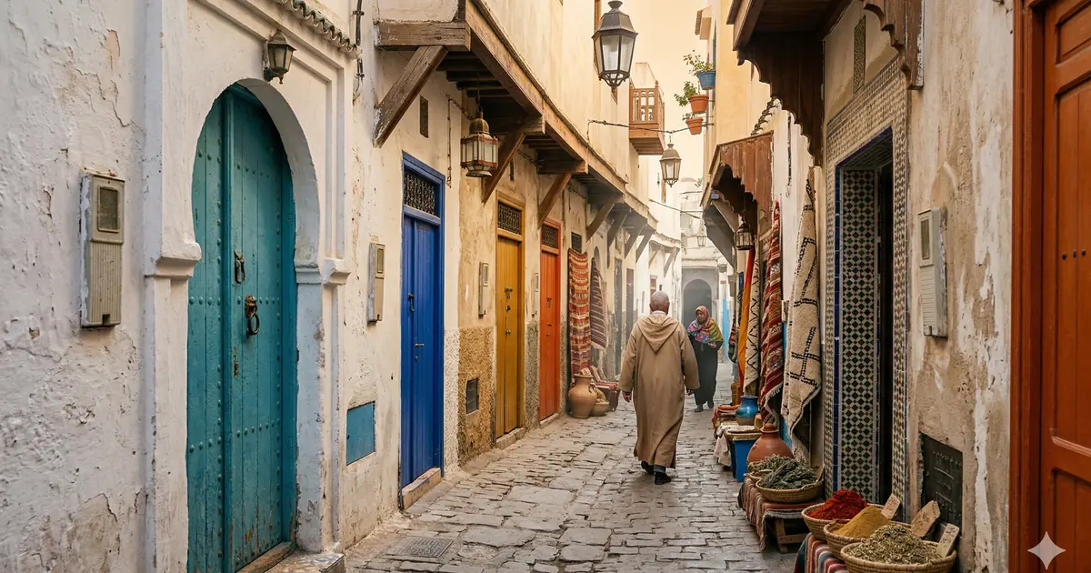 Labiryntowe uliczki medyny w Tangerze w Maroku z białymi ścianami i kolorowymi drzwiami