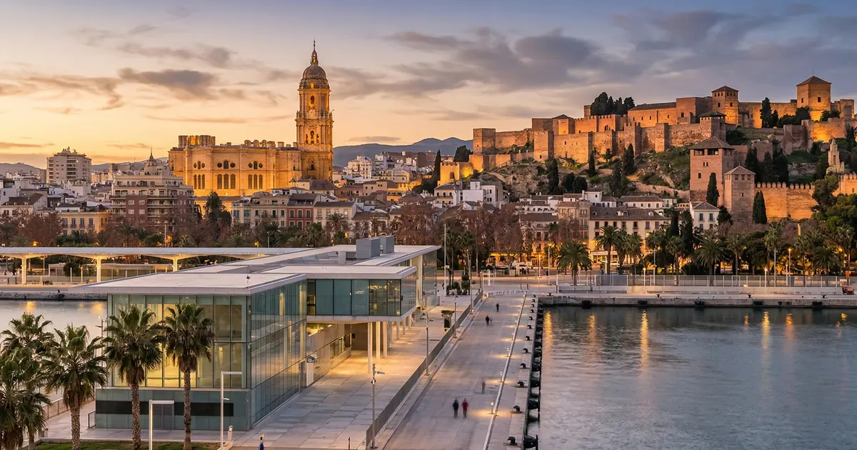 Panoramic sunset view of Malaga, Spain, featuring the illuminated Alhambra fortress on the hill, Malaga Cathedral bell tower, modern Muelle Uno port with Centre Pompidou, palm trees, and waterfront reflections.