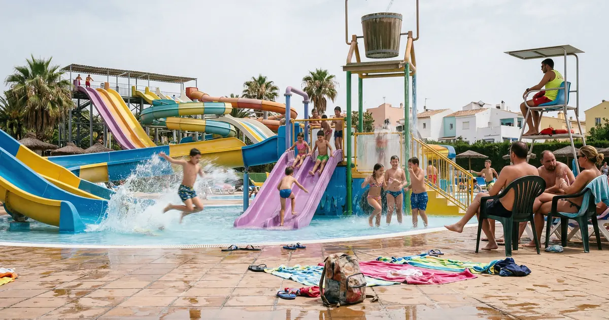 Water park in Torremolinos with children on slides and pools