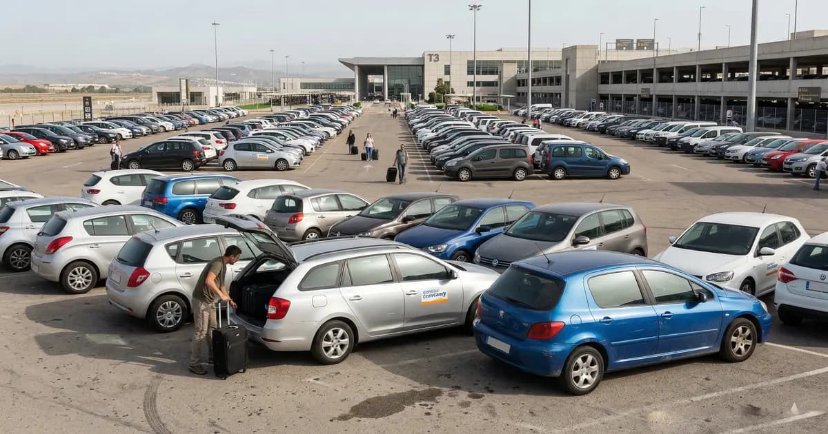 Parking na lotnisku w Maladze z rzędami samochodów do wynajmu różnych marek