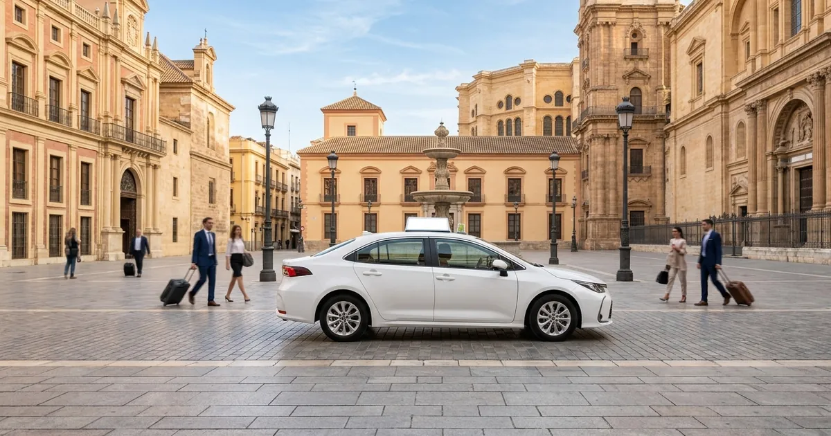 Taxi near Malaga Cathedral square with historic architecture and central city departure atmosphere