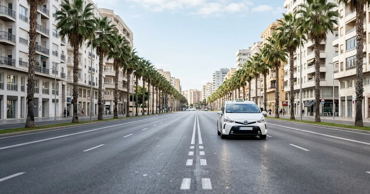 Taxi driving through Malaga city street near seafront with modern buildings and palm trees