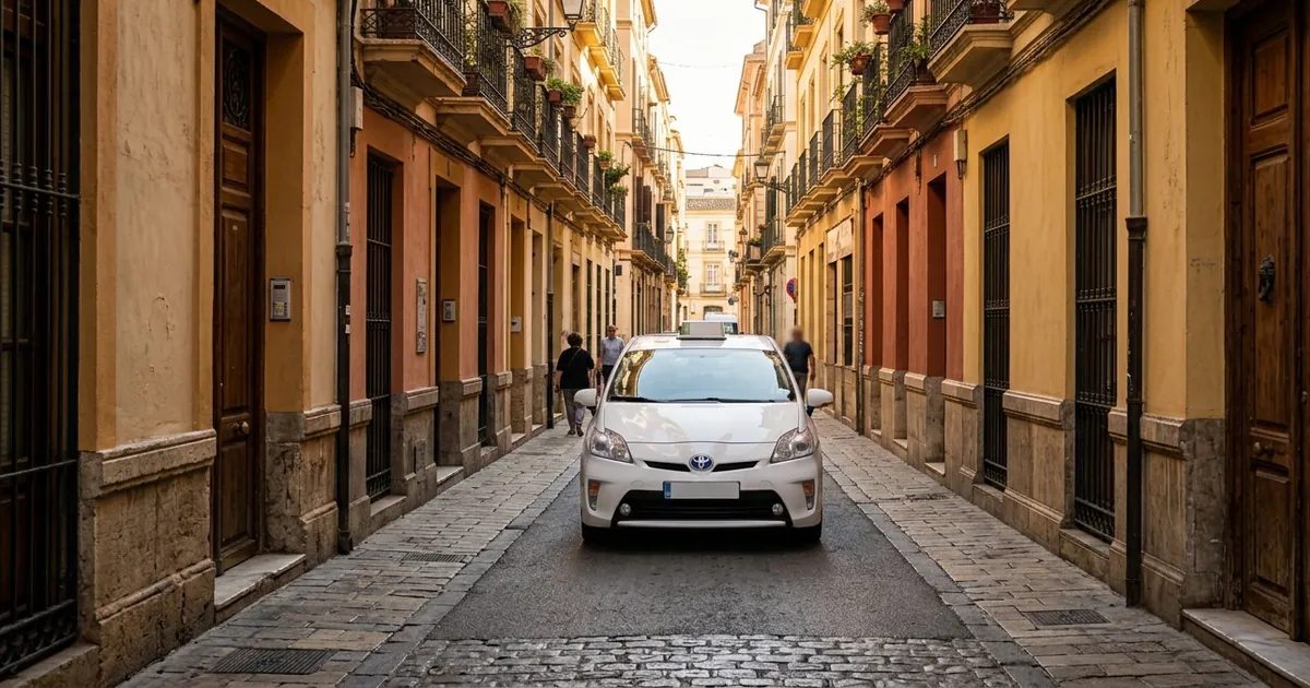 Taxi navigating narrow old town street in Malaga with historic buildings and morning light