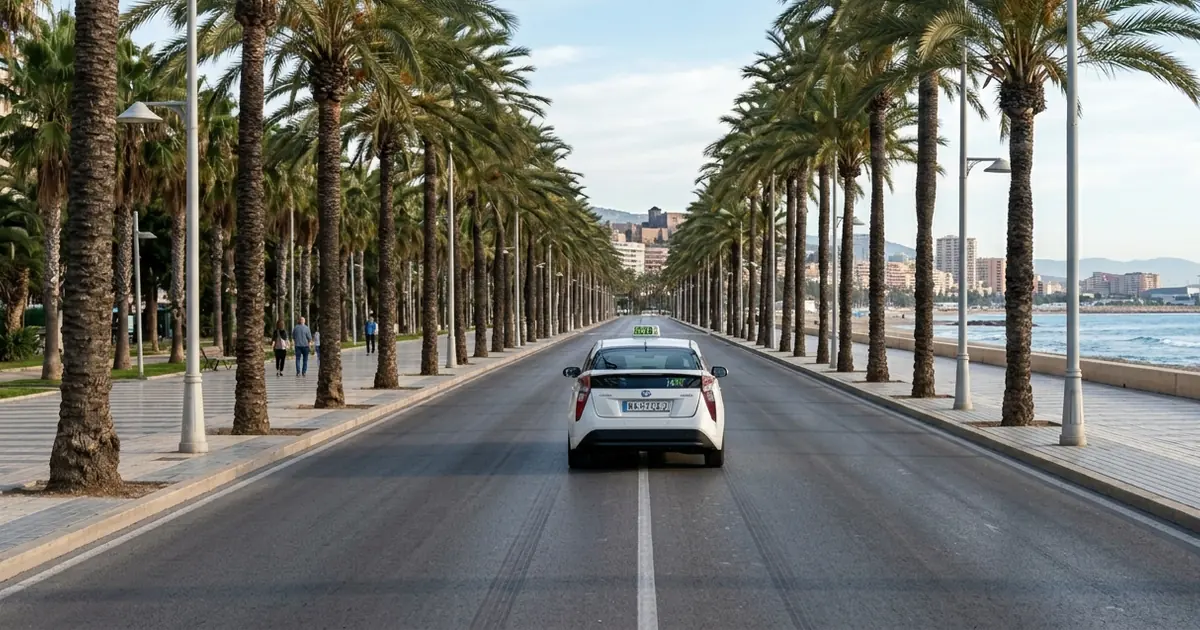 Taxi driving along Malaga seafront promenade near city center with palm trees and morning light