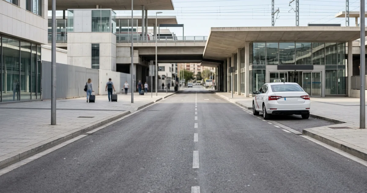 Urban Malaga street with nearby train station access and taxi for airport transfer