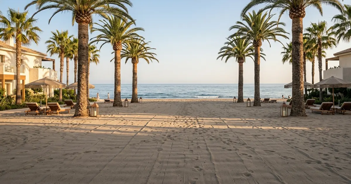 Beachfront view near Alanda Marbella Hotel with palm trees, sandy shore and Mediterranean Sea under soft sunlight