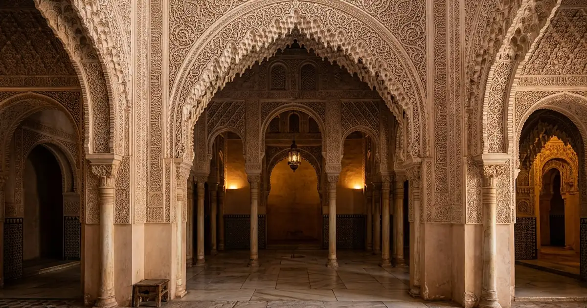 Sala interior de la Alhambra con arcos nazaríes, decoración de estuco y luz cálida reflejada en los detalles arquitectónicos