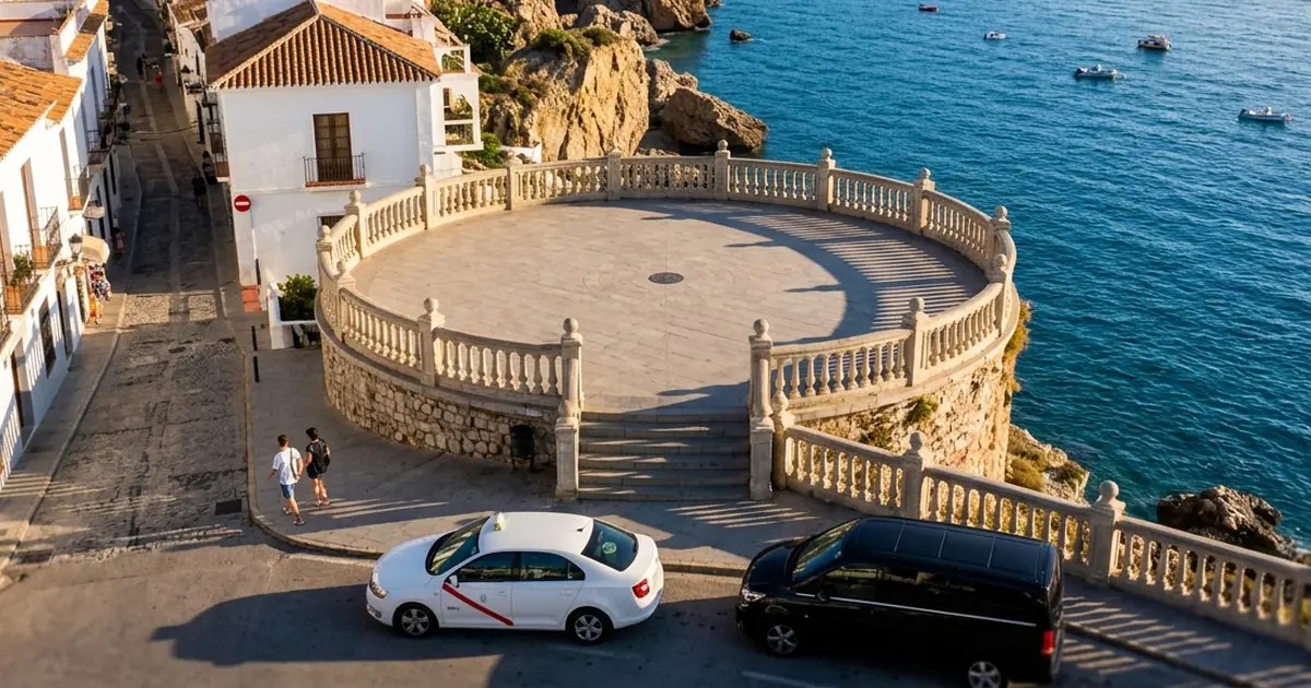 Cliffside viewpoint arrival with taxi near Balcón de Europa Nerja
