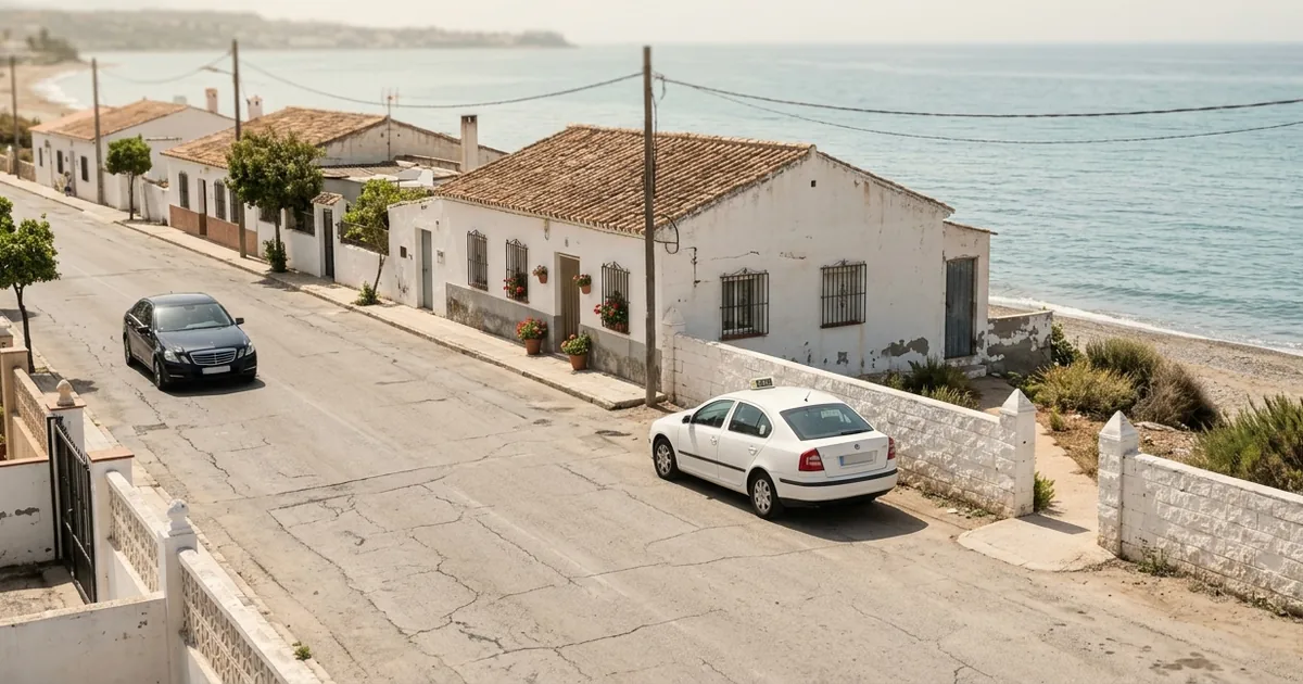 Quiet Benajarafe beachfront road with simple taxi transfer toward Malaga Airport
