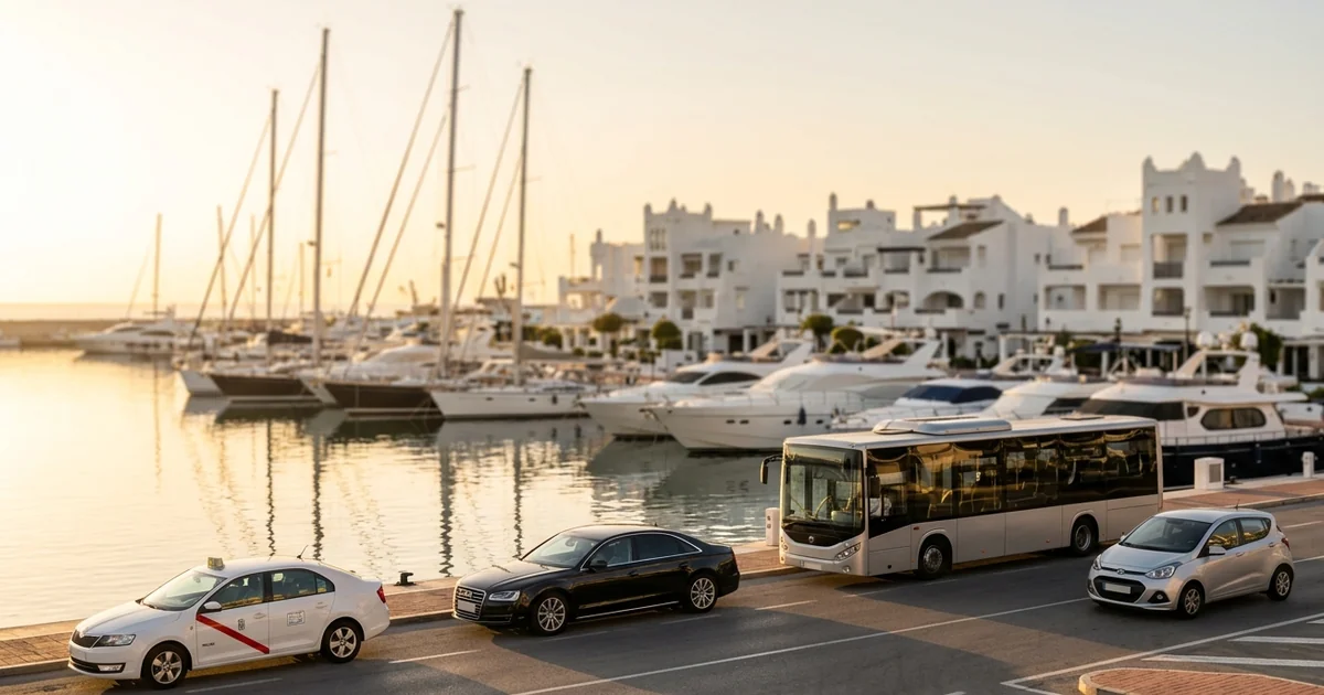 Benalmadena marina departure with taxi and airport transfer heading to Malaga Airport