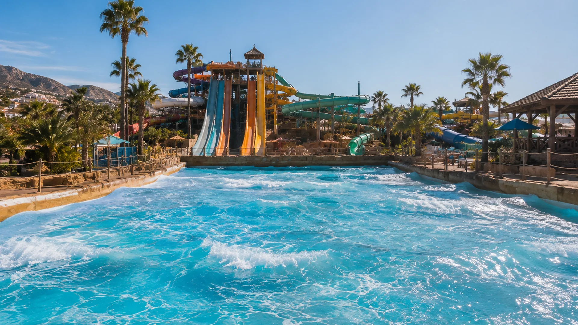Benalmádena water park wave pool with slides and Mediterranean summer atmosphere.