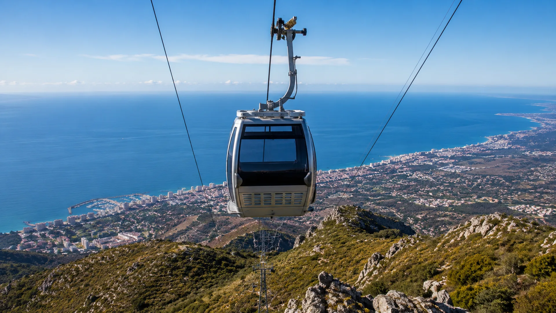 Benalmádena cable car ascending Mount Calamorro above the Costa del Sol coastline