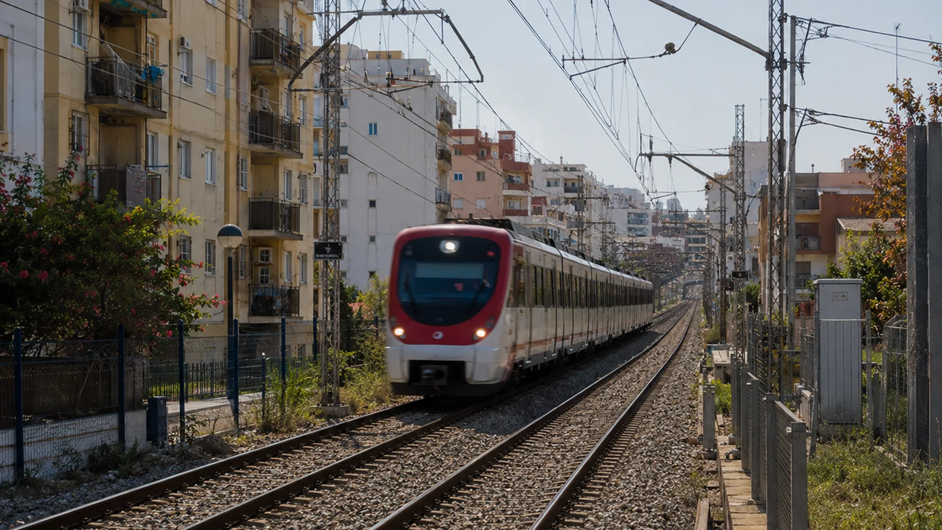 Cercanías C1 train passing through Benalmádena urban rail corridor with stations and residential buildings.