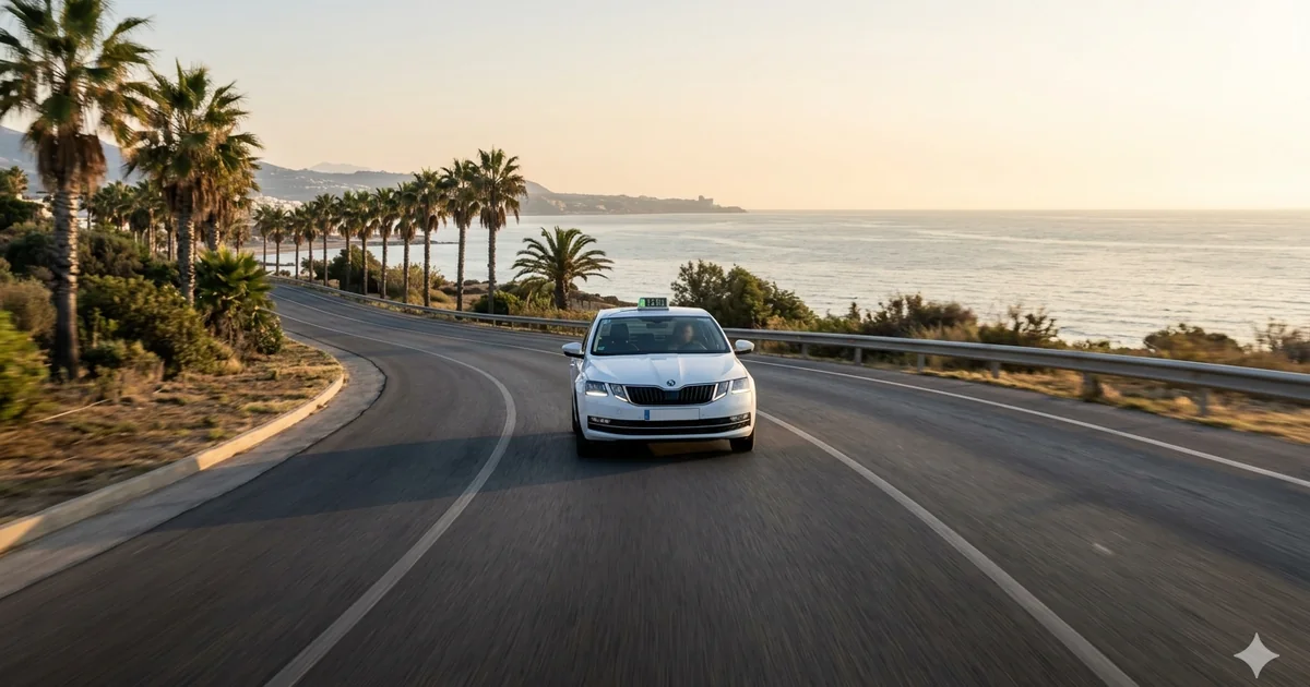 Taxi driving along coastal road from Benalmadena towards Malaga Airport with sea views and morning light