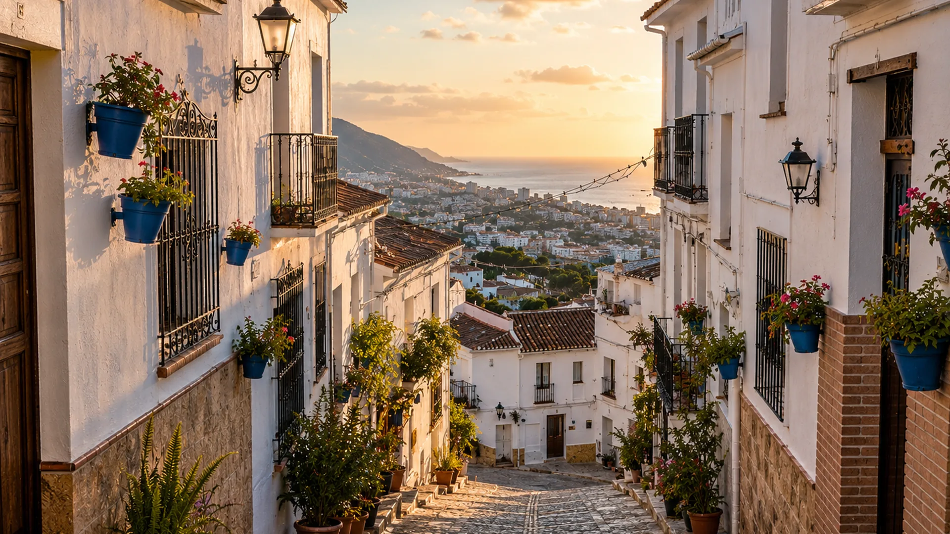 Whitewashed street in Benalmádena Pueblo with flower pots and Mediterranean mountain views.