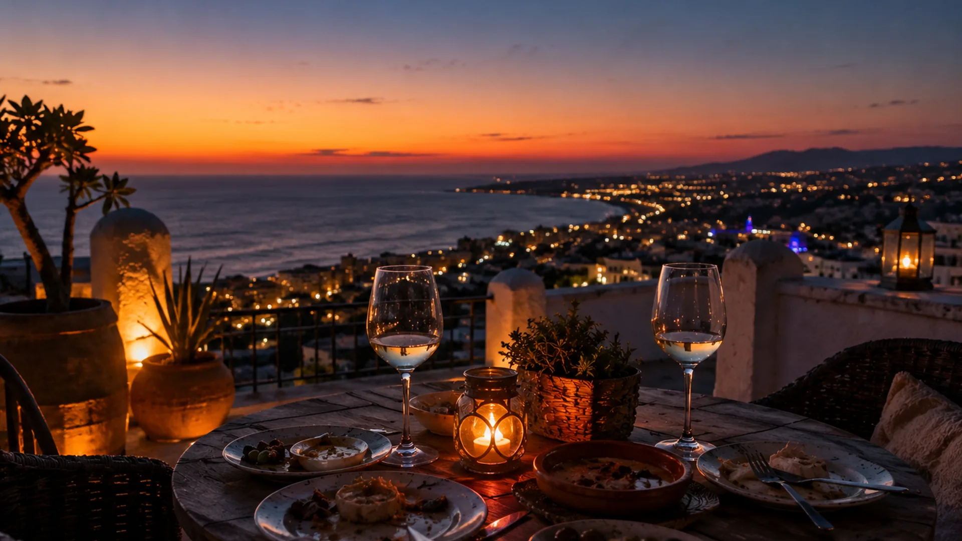 Romantic rooftop terrace in Benalmádena overlooking the Mediterranean at sunset