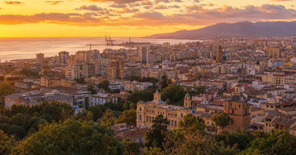 Viewpoint over Málaga residential districts with Mediterranean coastline and layered urban neighbourhoods at sunset