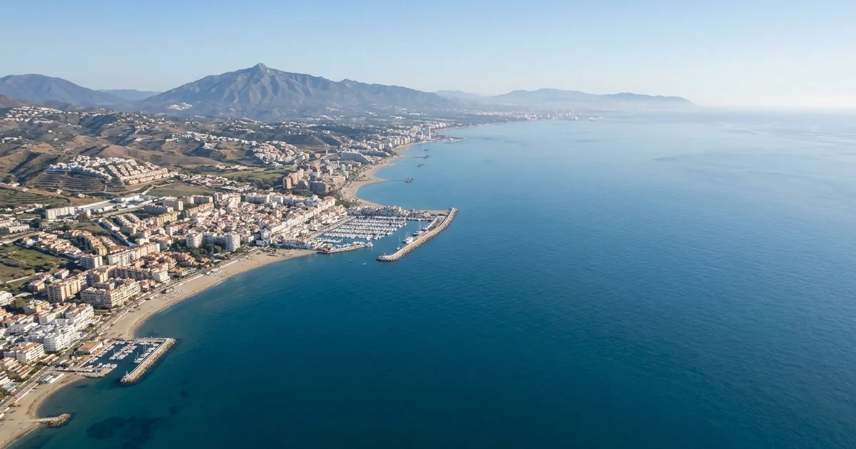 Panoramic view of the Costa del Sol coastline showing multiple coastal towns and Mediterranean sea