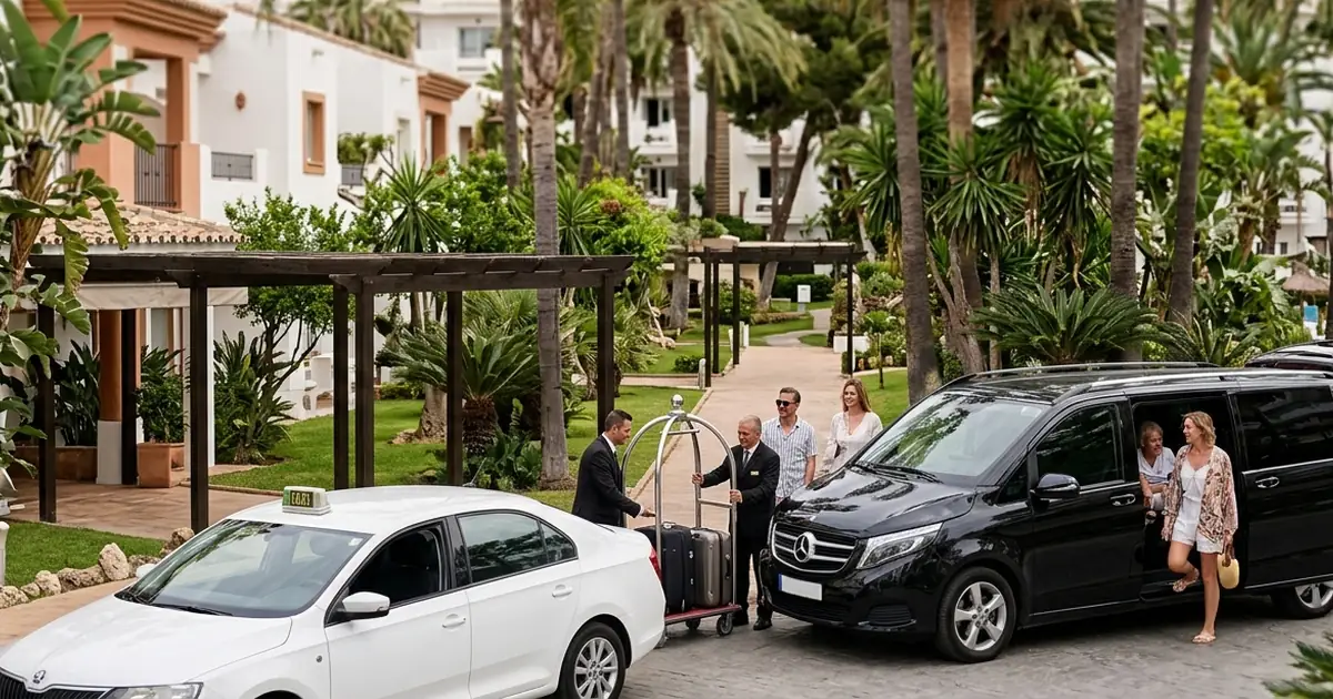 Garden-style hotel entrance with taxi transfer at Blue Sea Al Andalus Torremolinos
