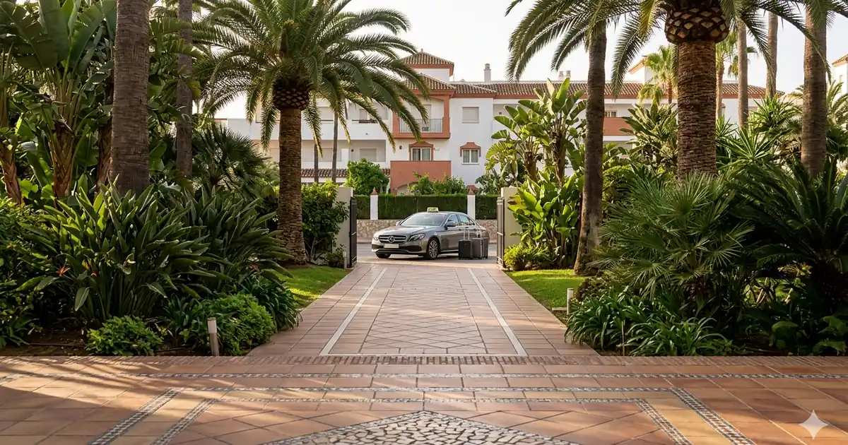 Taxi pickup near Blue Sea Al Andalus with garden paths, palm trees and soft morning light
