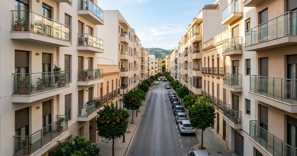 Modern Málaga city residential street with apartment buildings representing urban property market for expats
