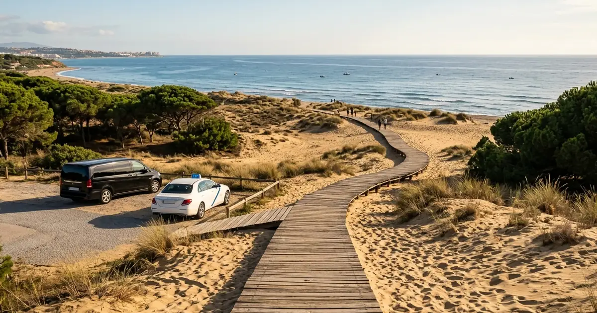 Cabopino dunes path with airport transfer car leaving toward Malaga Airport