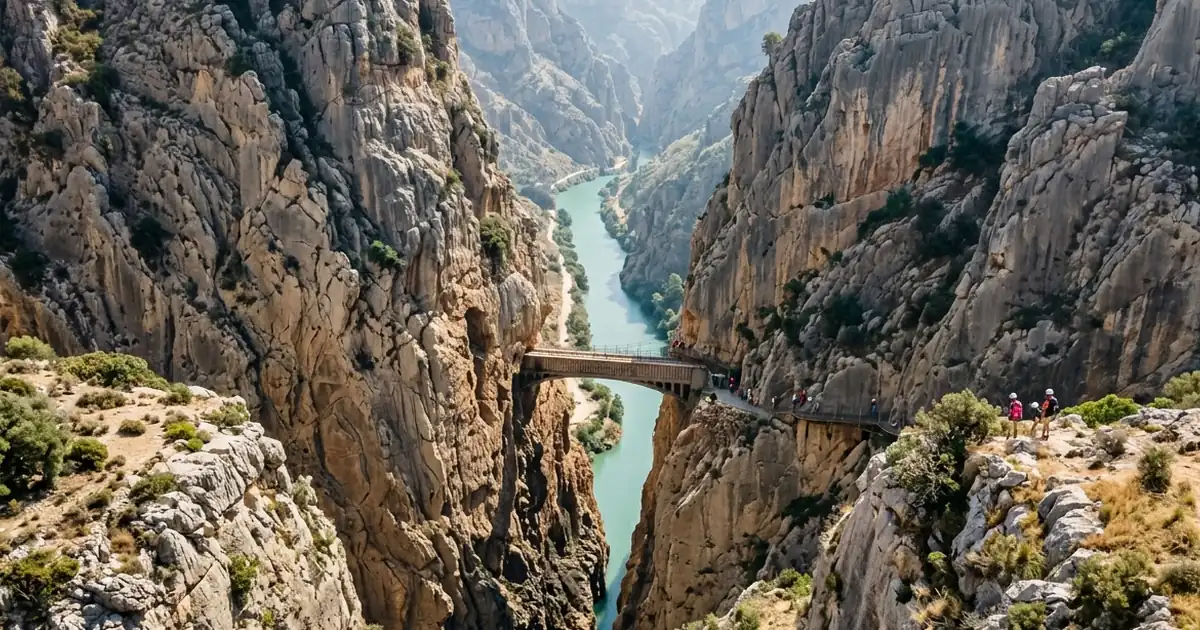 Vista aérea del Caminito del Rey con el desfiladero completo, pasarelas suspendidas y río atravesando el cañón