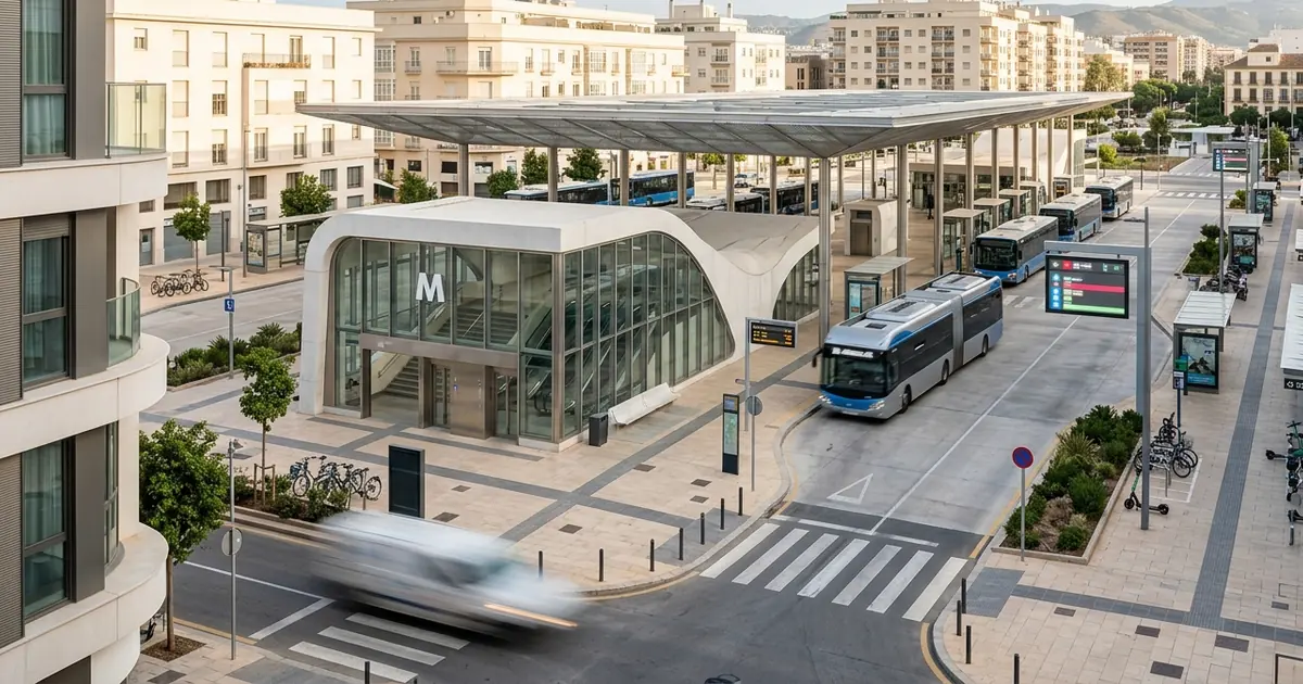 Modern Málaga public transport station with metro entrance and bus stop representing car-free commuting network