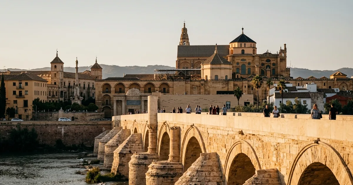 Cordoba Roman bridge and Mezquita with distant airport transfer departure