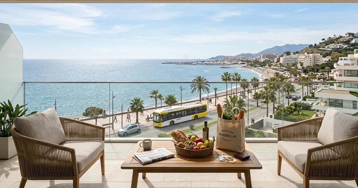 Modern lifestyle collage showing Marbella apartment balcony, supermarket groceries, and coastal transport scene representing monthly living costs