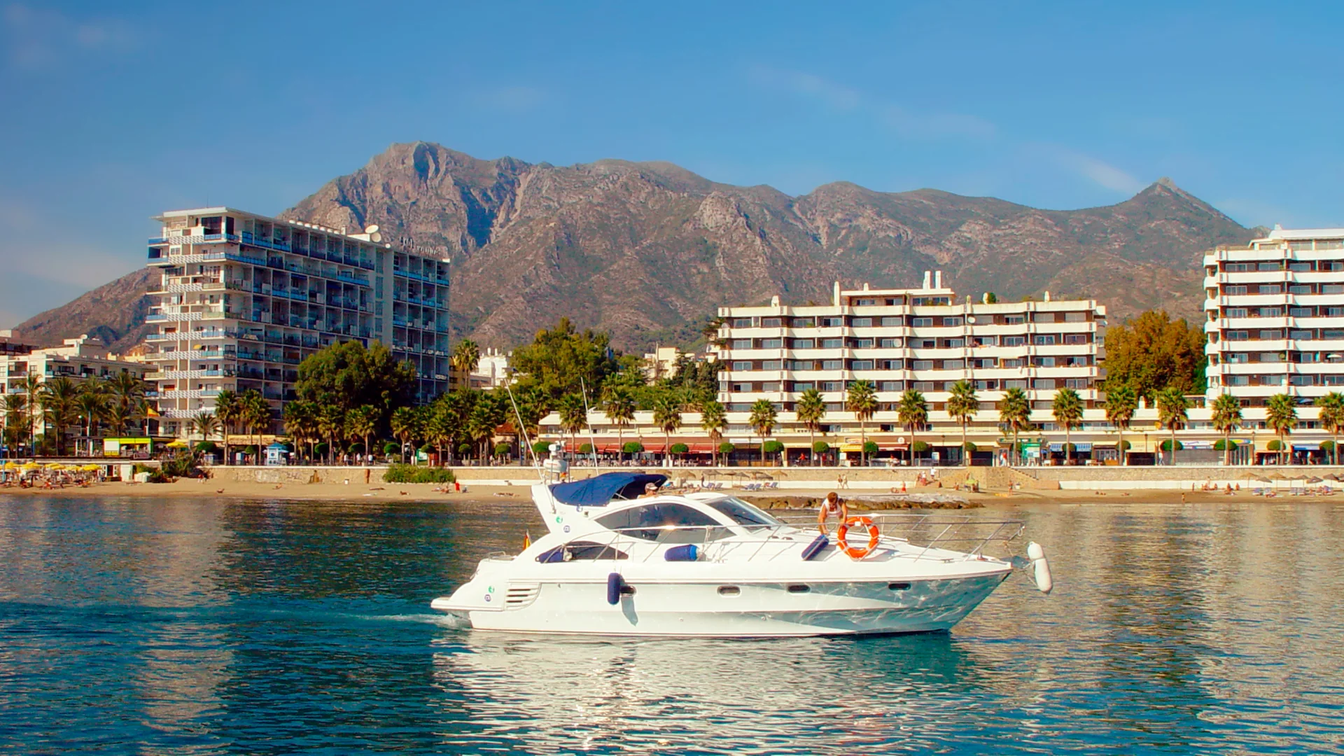 Aerial view of Costa del Sol coastline with resorts, beaches and mountains behind