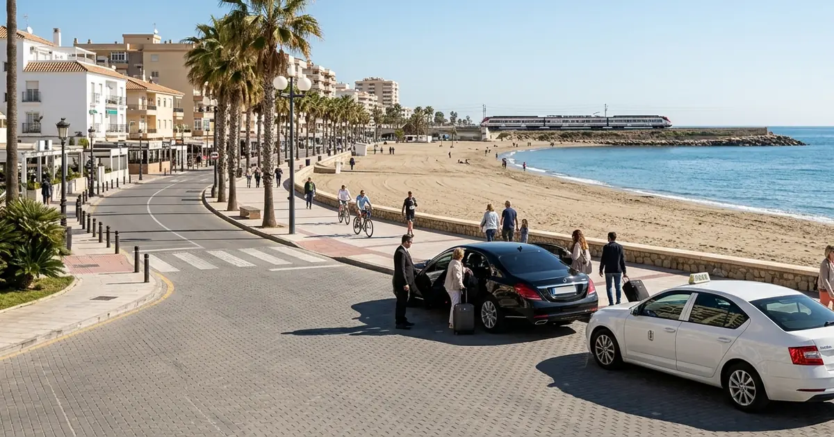 Coastal town arrival with train line and taxi near Hotel El Fuengirola