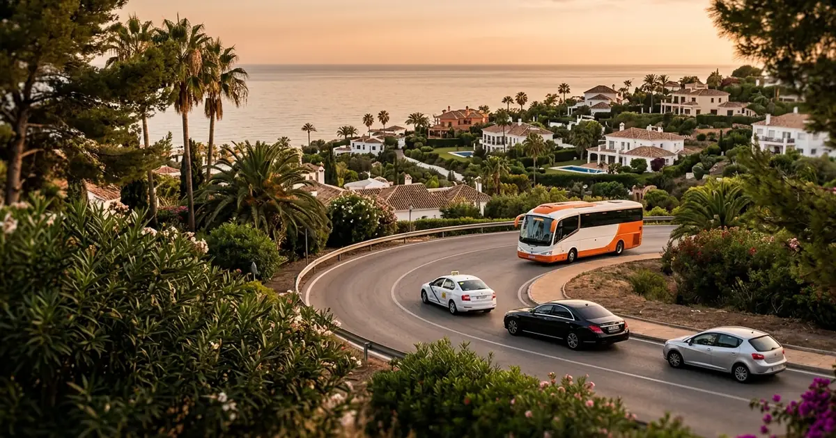 Elviria coastal road at sunset with taxi, bus and cars on Costa del Sol