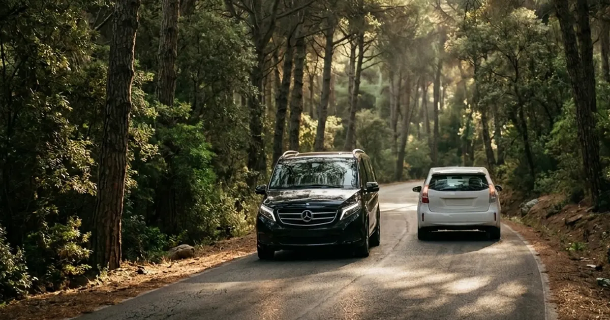 Elviria pine forest road with airport transfer car heading to Malaga Airport