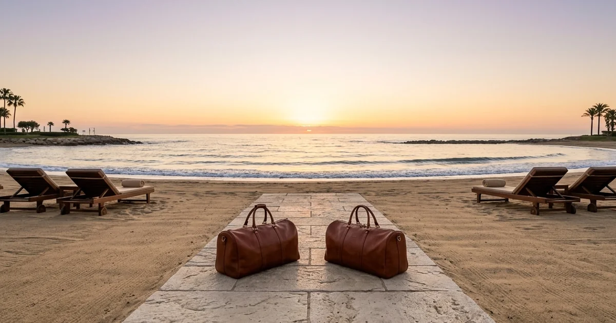 Luxury beachfront near Estepona at sunrise with calm sea and peaceful departure atmosphere