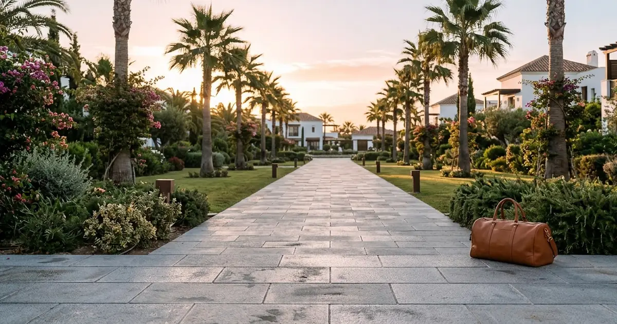 Luxury garden pathway near Ikos Andalusia with palm trees and calm early morning departure atmosphere