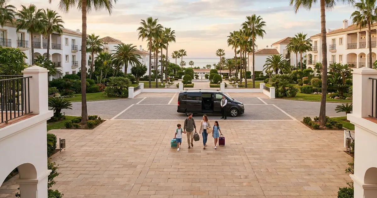 Early morning departure at family beach resort in Estepona with palm trees and open space