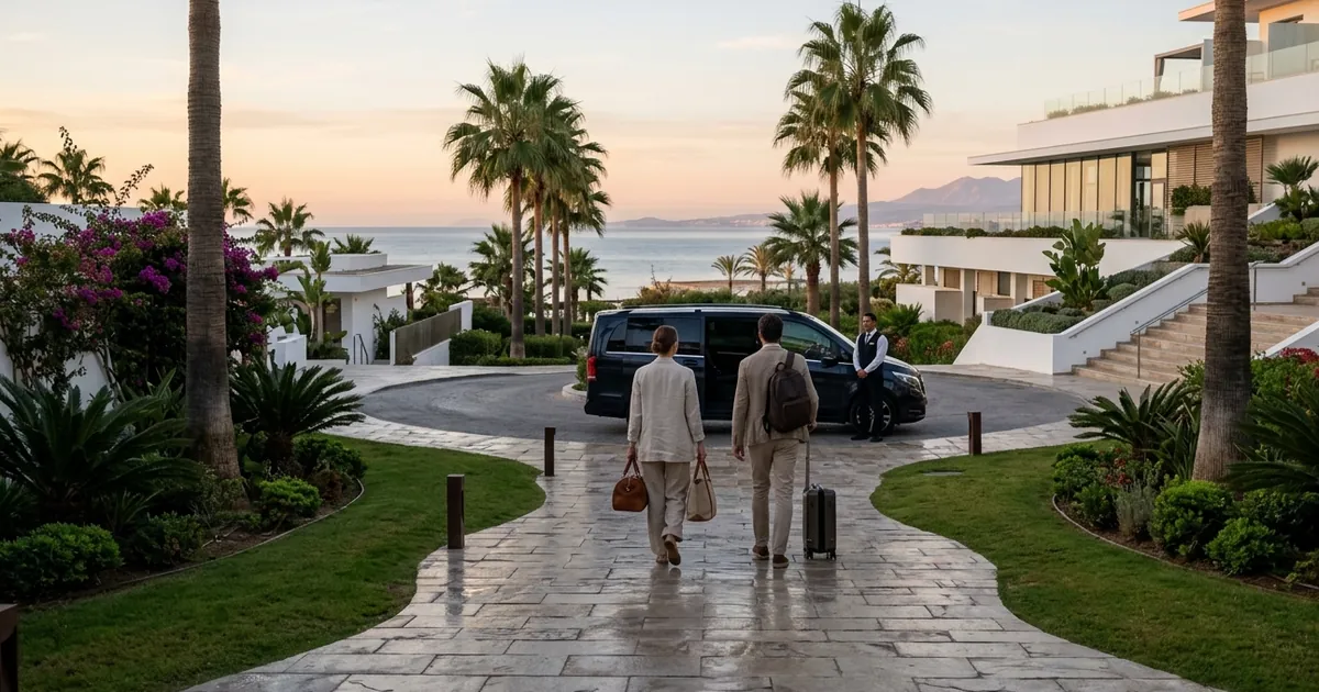 Peaceful morning departure near Estepona spa hotel with palm trees and soft light atmosphere