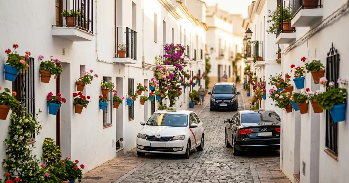 Estepona old town street with taxi heading to Malaga Airport at sunrise